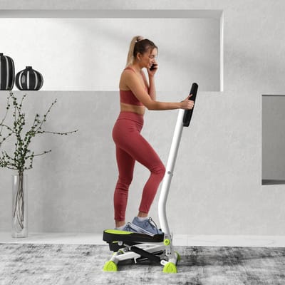 MEUNIQ swing stepper met handgreep en LCD-monitor, hometrainer voor thuis, antislip pedalen, 55 x 44 x 108 cm, max. 100 kg, groen