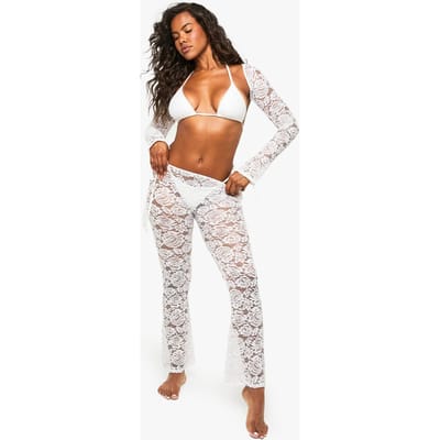 boohoo Dames Premium Bruidskanten Strandbroek met Wijde Pijpen | White | Maat: 8