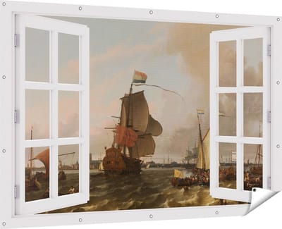 Gards Tuinposter Doorkijk Het Oorlogsschip Brielle op de Maas voor Rotterdam - Ludolf Bakhuysen - 180x120 cm - Tuindoek - Tuindecoratie - Wanddecoratie buiten - Tuinschilderij