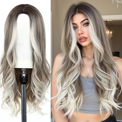 24 Inch Lange Golvende Ombre Peruc k met Donkere Wortels voor Dames - Zilveren Grijze Synthetische Haarperuc k voor Feest en Cosplay