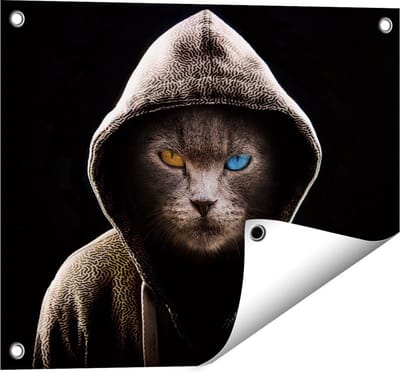 Gards Tuinposter Boze Kat Draagt een Hoodie - 50x40 cm - Tuindoek - Tuindecoratie - Wanddecoratie buiten - Tuinschilderij