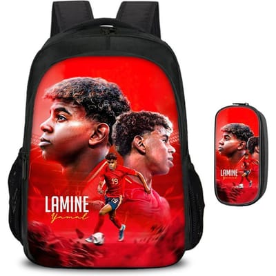 Kinderen School Rugzak 2 Stuks Set Rugzak, Etui Schooltassen L-Lamin Yamal Dubbellaagse Rugzak Voetbalster