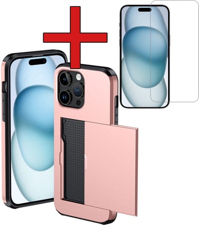 Hoesje Geschikt voor iPhone 15 Pro Hoesje Met Pasjeshouder Hard Case Met Kaarthouder Met Screenprotector - Hoes Geschikt voor iPhone 15 Pro Hoesje Pashouder Case - Rosé goud