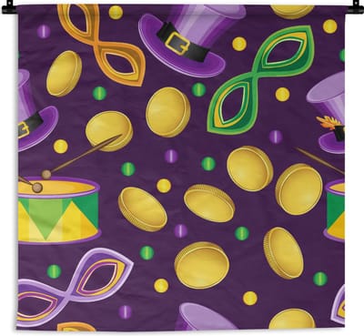 Wandkleed - Wanddoek - Carnaval - Feest - Paars - Patronen - 90x90 cm - Wandtapijt