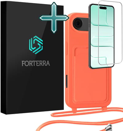 Hoesje Geschikt voor iPhone Air Pashouder Case Siliconen Hoes Met Koord Met Screenprotector - Hoes Geschikt voor iPhone Air Met Telefoonkoord Hoesje Back Cover Met Pasjeshouder - Papaya