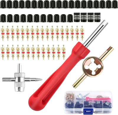 SnelShoppen - 4-Way Valve Wrench, Tire Valve Remover, Auto & Fiets Ventiel Gereedschap Set met 34 Ventieldoppen en 30 Ventielkernen voor Makkelijk Ond