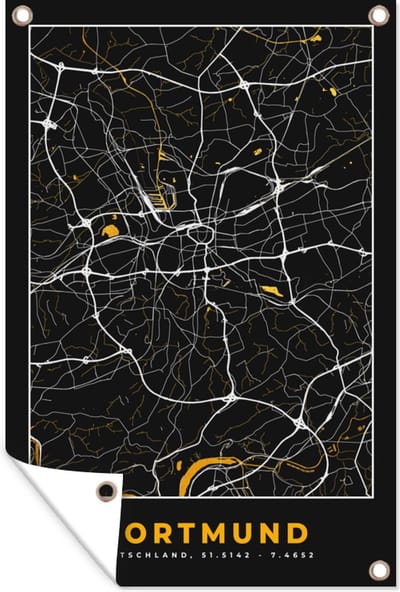 Muurdecoratie Dortmund - Goud - Duitsland - Kaart - Plattegrond - Stadskaart - 120x180 cm - Tuinposter - Tuindoek