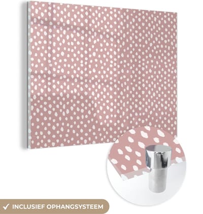 MuchoWow® Glasschilderij 120x90 cm - Schilderij acrylglas - Roze - Stippen - Wit - Patronen - Foto op glas - Schilderijen
