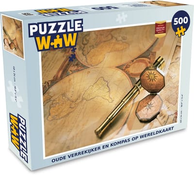 Puzzel Oude verrekijker en kompas op wereldkaart - Legpuzzel - Puzzel 500 stukjes