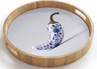 Dienblad rond 40x40 cm - Schootdienblad hout - Chilipeper - Keramiek - Blauw - Borrelplank rechthoek - Plateau houten dienbladen