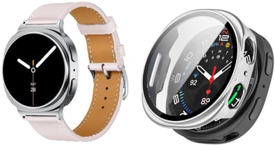 Strap-it Bundel – Leren Smartwatch Band met Gespsluiting (Roze) + Hard Case met Screenprotector Glas (Zilver) geschikt voor Samsung Galaxy Watch 8 (44mm)