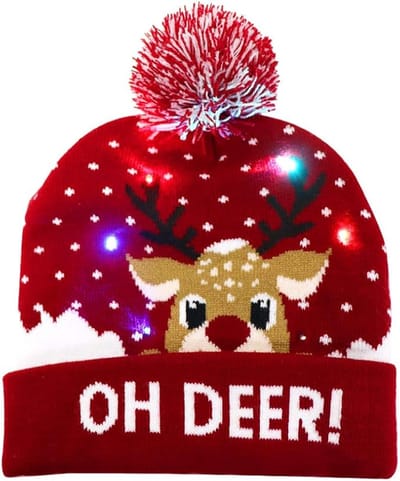 LED-kerstmuts, lichtgevende kerstmuts, unisex gebreide muts met hertenprint voor feestjes Kerst Gebreide Hoed (rood/blauw)