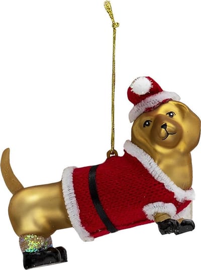Clayre & Eef Kersthanger Hond 11x4x7 cm Goudkleurig Glas Kerstbal Kersversiering Kerstboomversiering