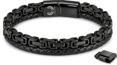 Armband heren leer zwart / Schakelarmband staal zwart - Mauro vinci® Virto - 19,5cm tot 21cm verstelbaar - Met luxe verpakking
