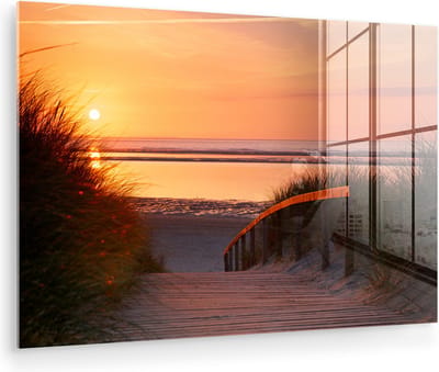 MuchoWow® Glasschilderij 120x80 cm - Schilderij acrylglas - Strand - Zon - Kleuren - Foto op glas - Muurdecoratie woonkamer - Wanddecoratie slaapkamer - Schilderijen