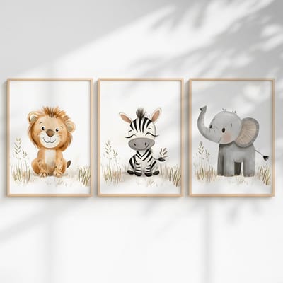 Dailygoods- Posterset 3-delig Jungle - Wanddecoratie Kinderen - A3 Formaat - Aquarelillustraties - Dieren zoals Olifant, Zebra, Leeuw
