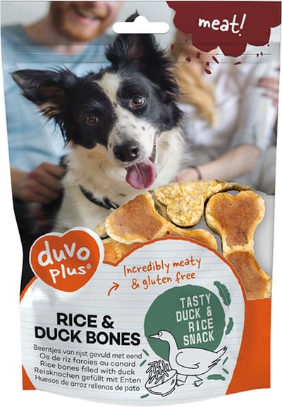 Duvo hondensnack rice en duck bones - 140 gr - 4 st - glutenvrij smakelijk - VETARM