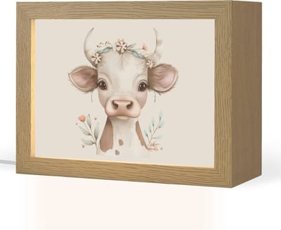 Nachtlampje 20x15 cm - Kinder lampje - Koe - Bohemian - Kalfje - Bloemen - Tafellamp kinderkamer - Slaapkamer lamp - Bedlamp kinderen - Kinderlampje stopcontact - Wandlamp babykamer - Nachtlampjes
