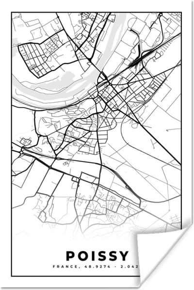 Poster Plattegrond – Kaart – Frankrijk – Poissy - Stadskaart - Zwart wit - 120x180 cm XXL