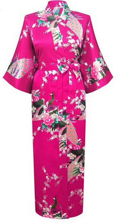 KIMU® Kimono Donkerroze 3/4 - Maat XS-S - Yukata Satijn Onder de Knie - Driekwarts Roze Ochtendjas Japanse Kamerjas Sexy Satijnen Badjas Geisha 158 Festival