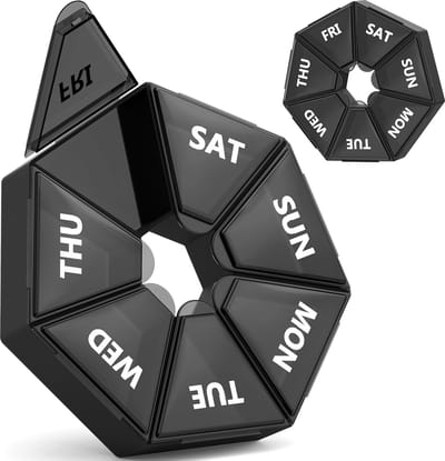 2 stuks Wekelijkse pillendoos - Draagbaar en navulbaar voor artritispatiënten - Navuldoos voor vitaminen voor 7 dagen - Reispillendoos - 8,5*8,5*1,7 cm - Dagelijkse reismedicatie en supplementen opbergen - Zwart