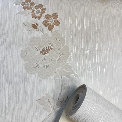 Landelijk Bloemen Behang Beige Zandkleur – Glitter Vliesbehang Afneembaar – 10,05 x 0,53 m