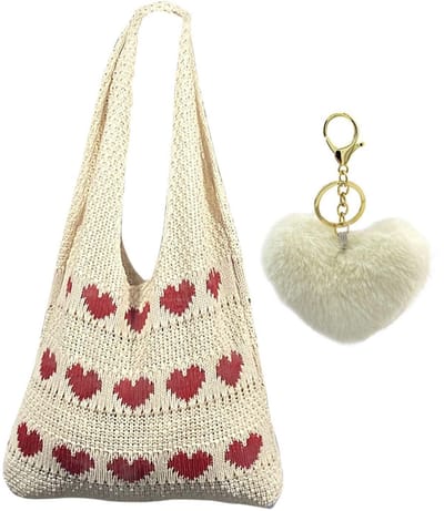 Dailygoods- Handtas grote capaciteit - Gebreide Schoudertas - Casual Dameshandtas - Pluche Sleutelhanger - Katoen - Abrikoos 37x52 cm