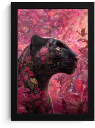 Poster in lijst - Fotolijst 20x30 cm - Posters - Luipaard - Bloemen - Roze - Posterlijst zwart - Decoratie - Wanddecoratie woonkamer - Muurdecoratie slaapkamer