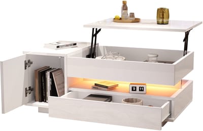 MODFU Salontafel 95 x 50 x 34,5 cm van spaanplaat met hoogglans, verstelbaar met LED en opbergruimte