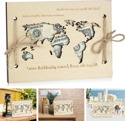 Creatieve Huwelijkskaart met Houten Wereldkaart, Persoonlijk Cadeau en Prachtige Verpakking voor Bruidspaar