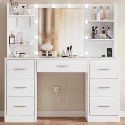 Sierra, Grote kaptafel met Verlichting, Instelbare Helderheid, Make-upspiegel met Stopcontact, Make-up tafel met 7 Lades, 4 Planken en 5 Haken, Moderne Kaptafel, Wit