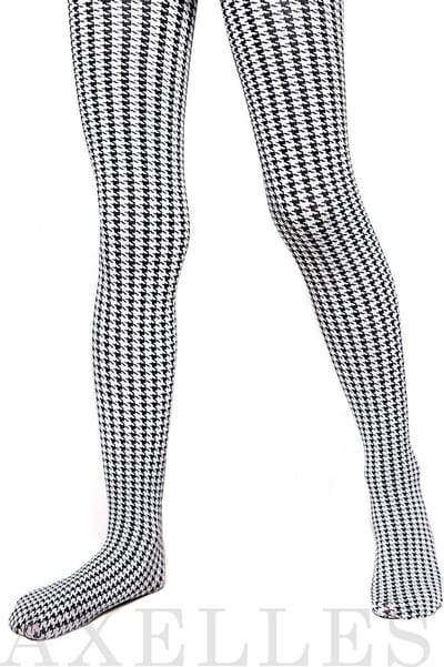 Trendy kinderpanty, pied-de-poule patroon 60-DEN, zwart-wit, maat 128-134.