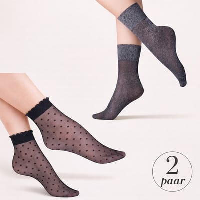 Panty sokjes Set (2 paar) – Midnight Chic Duo – 20 Denier Pantykousjes met Stippen & Glitter – Zwart – One Size – Gabriella (Puntina & Tova)
