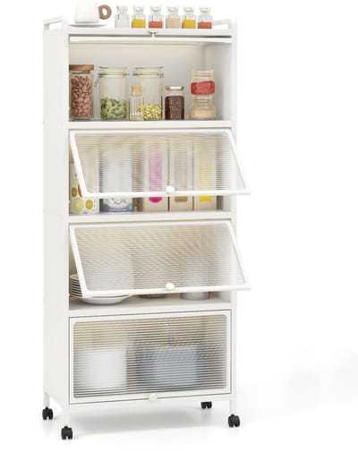 COSTWAY Keukenkast, hoog, keukenrek met wieltjes, 5 niveaus, magnetronstandaard met opklapbare pc-deuren en kantelbeveiliging, staand rek, hoge kast, voor keuken, eetkamer, woonkamer (wit)