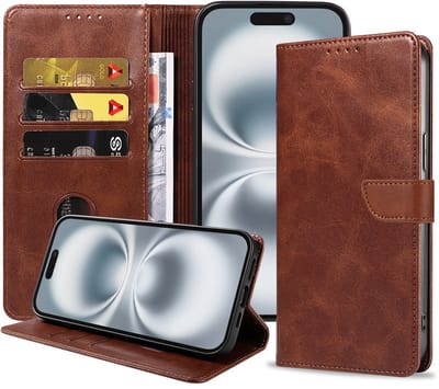 Geschikt voor iPhone 16 Telefoonhoesje Kunstleer met Magnetisch lipje en Pasjeshouder Book Case met Klepje - Donkerbuin - Smartphonica geschikt voor iPhone 16
