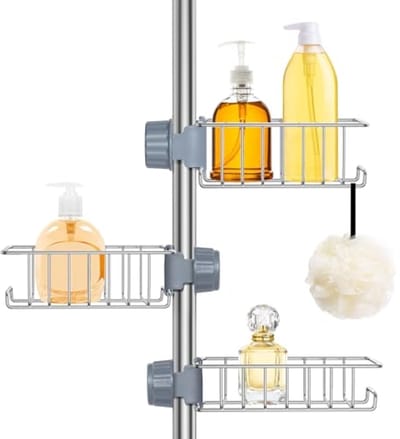 3-delig Douche Caddyrek Geen Boren, RVS Plankrek voor Ronde Stang 18-25mm, Badkamer/Keuken Ophangrek