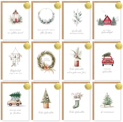 Allecto - Kerstkaarten - Set van 12 - Unieke handgetekende ontwerpen - A6 formaat - Inclusief enveloppen en stickers - Perfect voor het versturen v...