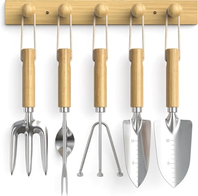 SnelShoppen - Bamboe Wandhouder Tuingereedschapsset 6-delig, Tuinaccessoires, Duurzaam Bamboe, Tuingereedschap voor Tuinonderhoud, Compact en Function