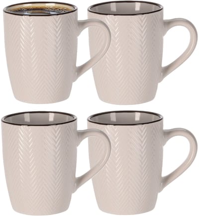 Siaki Koffiemok/theemok - 4x - Fishbone - beige - 370 ml - mokken - keramiek