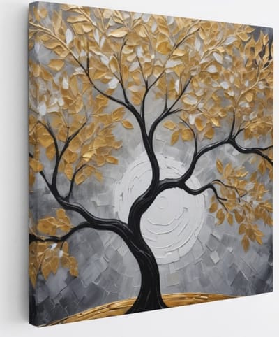 Saammp Canvas Schilderij - Winterboom met de maan - Abstract - 20x20 - Foto op canvas - Wanddecoratie - Muurdecoratie Woonkamer - Slaapkamer decoratie - Canvas Print