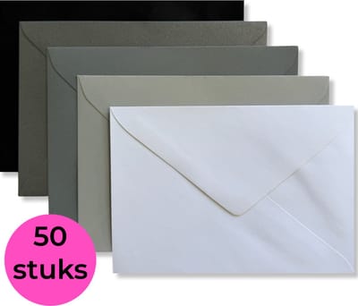 50 Gekleurde Enveloppen - C6 - 114x162mm - 5 kleuren - Zwart / Grijs / Licht Grijs / Antraciet / Wit - Assorti