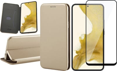 Hoesje geschikt voor Samsung Galaxy S22 Plus - Book Case Kunstlederen Wallet Cover Minimalistisch Pasjeshouder Hoes Goud - Full Tempered Glass Screenprotector