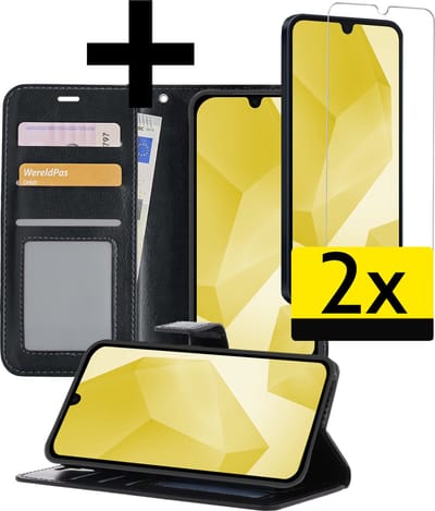 Hoesje - Met 2x Screenprotector - Geschikt voor Samsung Galaxy A16 - Luxe Pasjeshouder - Bookcase Portemonee - Flip Case - Kunstleer Book Case - Flipcase Hoes - Book Cover - Walletcase - Portemonneehoes - Telefoonhoesjes - Zwart