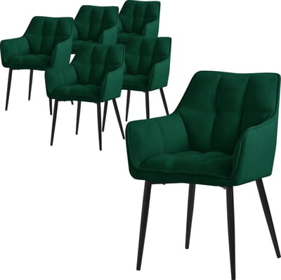 Set van 6 eetkamerstoelen in donkergroene badstof met dik gestoffeerde zitting ML design