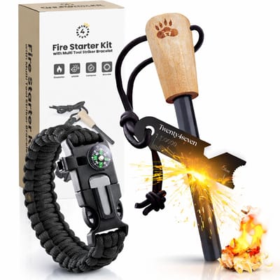 Twenty4seven® Vuurstarter Set 5-in-1 - Magnesium Vuursteen met Noodarmband - Kompas, Noodfluit, Touw & Mesje - Survival Set voor Kamperen & Wandelen