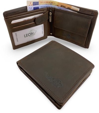 LeonDesign heren portemonnee leder, portefeuille, tijdloos billfold model muntvak, briefgeldvak, 16 pasjes, Portefeuille jongens - Portemonnee heren leer - Portemonnee jongen - Hunter Donkerbruin