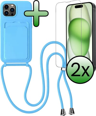 Hoes Geschikt voor iPhone 14 Pro Max Hoesje Pas Houder Case Hoes Met Koord Met 2x Screenprotector - Hoesje Geschikt voor iPhone 14 Pro Max Hoes Met Telefoonkoord Pasjeshouder Cover - Lichtblauw