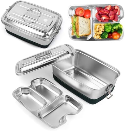 Famanu - Lunchbox dubbele roestvrijstalen lunchbox 2000 ml met 3 vakken