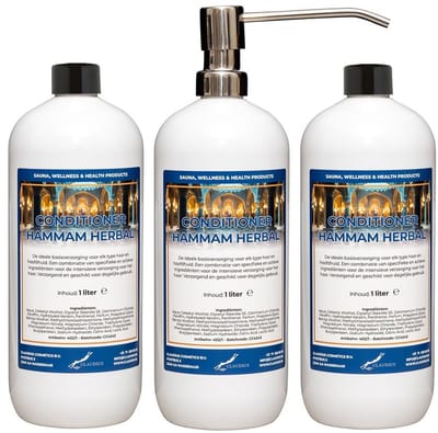 Hairconditioner Hammam Herbal 1 liter met luxe RVS zilverkleurige pomp - set van 3 stuks