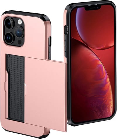 Hoes Geschikt voor iPhone 14 Pro Max Hoesje Pasjeshouder Hard Cover Shock Proof Hard Case Hoes Met Kaarthouder - Rosé goud